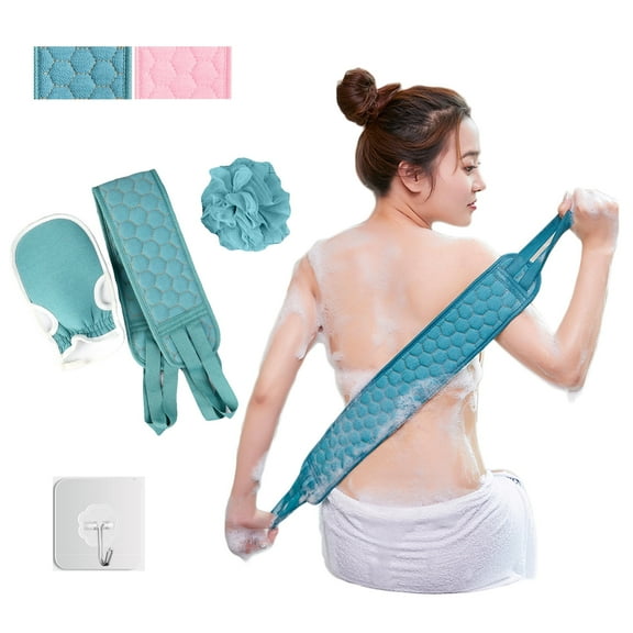 Fine Ordinary Reusable Exfoliating Nylon Back Scrubber, Luffa Sponge Pad & Mesh Pouf, Blue