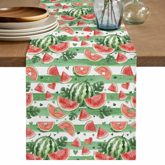 Watermelon Table Runner 60 Inches, Watercolor Fruits Green Palm Leaves Striped Bed Runner Dresser Scarves Tabletop for Indoor Outdoor Parties/Ceremony/Banquet, 13" x 60"