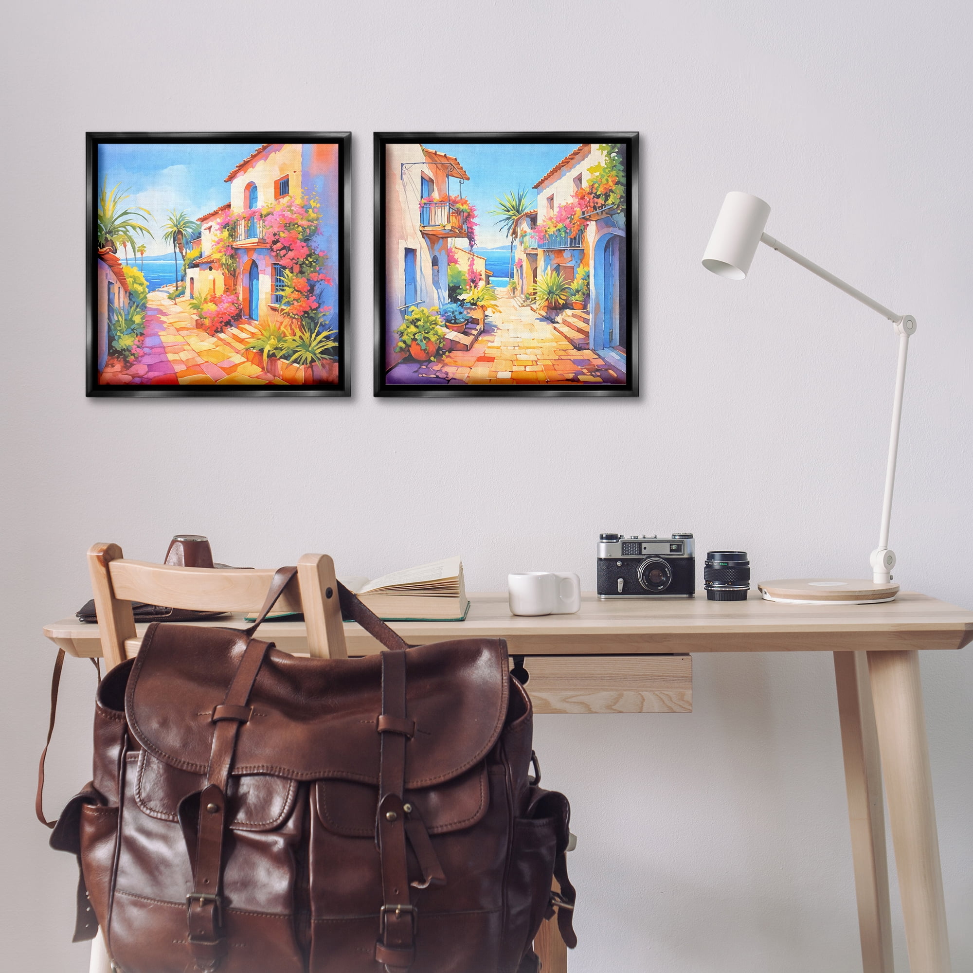 Stupell Industries Mediterranean Summer Island Vista Buildings & Architecture Painting Black Floater Framed Canvas Art Print Wall Art, 18 x 18, Set of 2