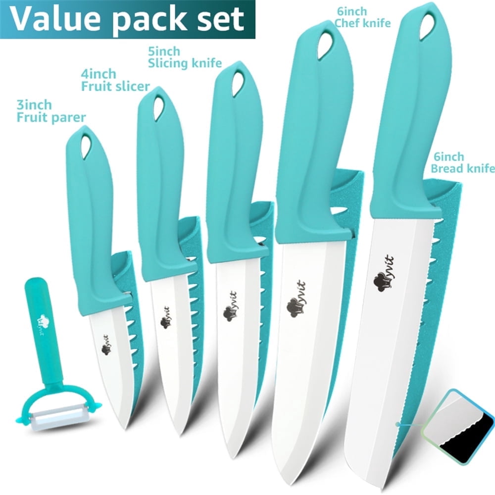 6PCS Ceramic Knives Set for Kitchen 5-Piece Sharp Paring Knives with Covers and a Peeler,Sharp 6-inch Serrated Bread Knife Fruit Cutter 3", 4", 5" Inch
