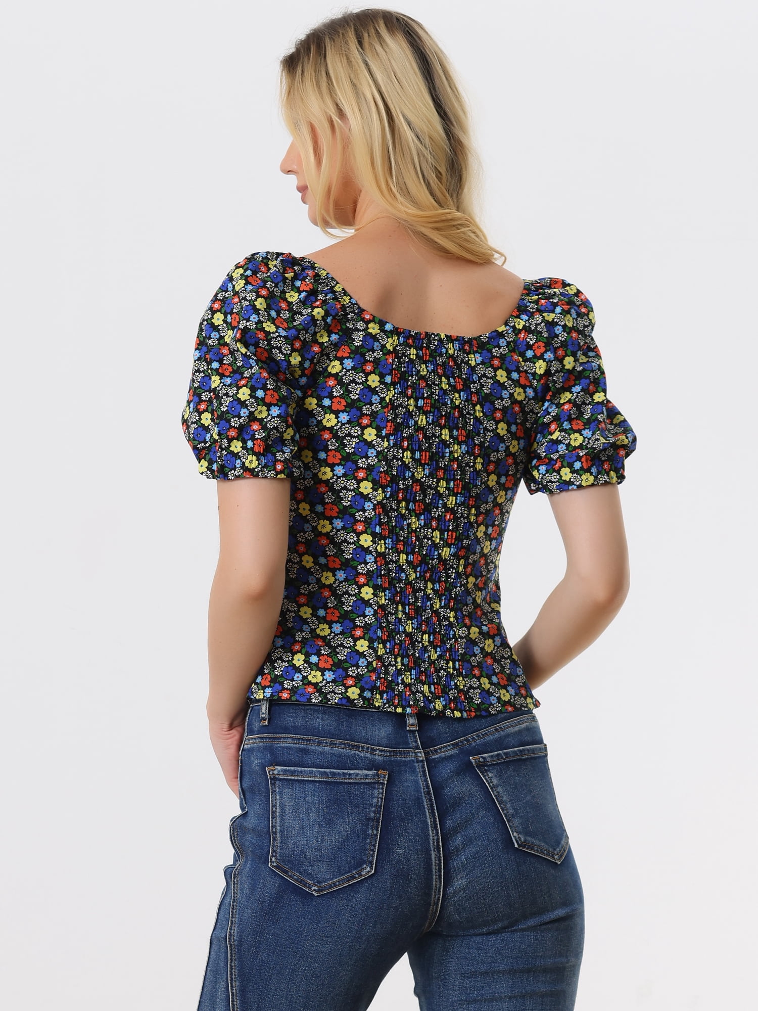 DARING DIVA Puff Sleeve Sweetheart Neck Smocked Floral Top XS Black Red