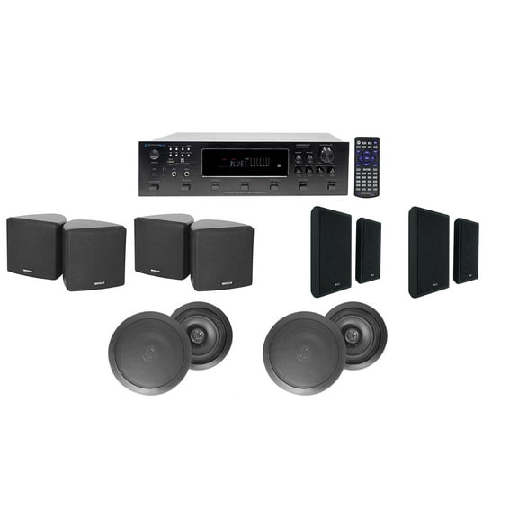 6-Zone Receiver 4) BL 3.5" Cube Wall BL Ceiling Speakers For Restaurant/Bar/Cafe