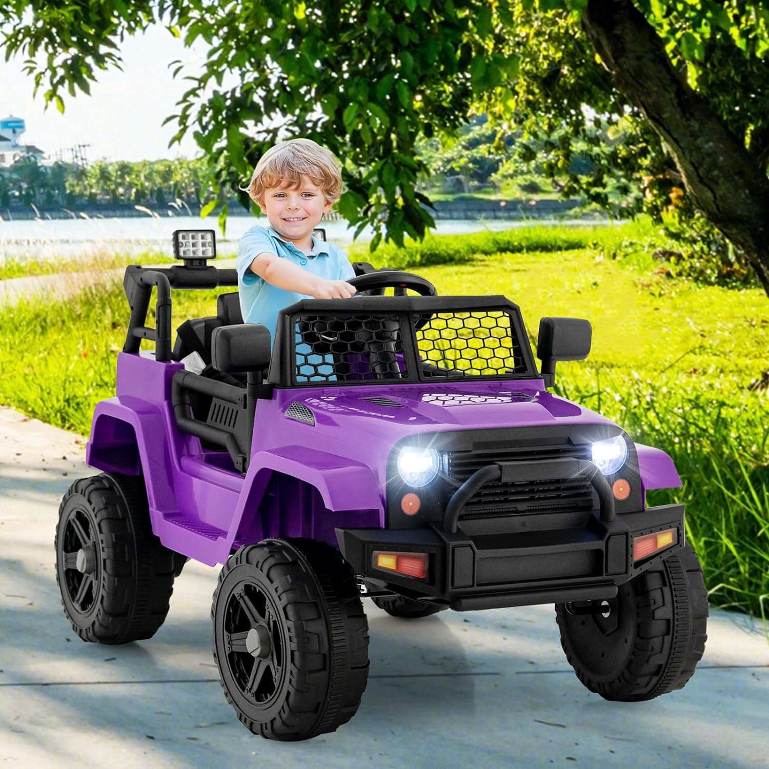 OLAKIDS Kids Ride On Truck, 12V Electric Vehicle Car with Remote Control, Toddlers Battery Powered Toy with 2 Speeds, Spring Suspension, Double Open Doors, LED Lights, Music, USB, Mp3 (Purple)