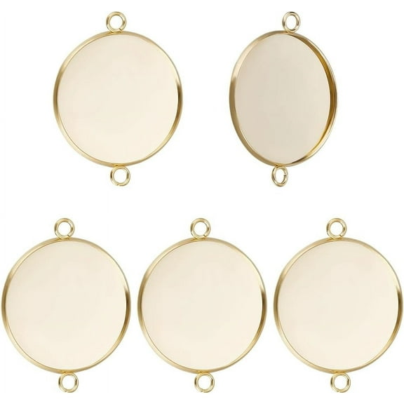 1 Box 14Pcs 201 Stainless Steel Round Blank Bezel Pendant Connector 24K Gold Plated 30mm Trays Base Cabochon Settings for Jewelry Making