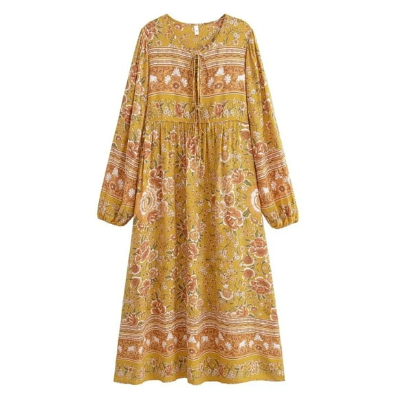 Vintage Chic Women Long Sleeve Tie Neck Ethnic Multi Floral Print Beach Bohemian Maxi Dresses Ladies Rayon Boho Dress Vestidos