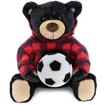 DolliBu Black Bear Stuffed Animal with Soccer Ball Plush and Red Plaid Hoodie - Super Soft Teddy Bear Plush Toy, Cute Wildlife Gift, Super Soft Plush Doll Animal Toy for Kids and Adults - 10 Inch