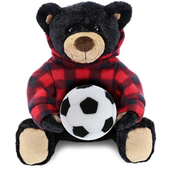 DolliBu Black Bear Stuffed Animal with Soccer Ball Plush and Red Plaid Hoodie - Super Soft Teddy Bear Plush Toy, Cute Wildlife Gift, Super Soft Plush Doll Animal Toy for Kids and Adults - 10 Inch