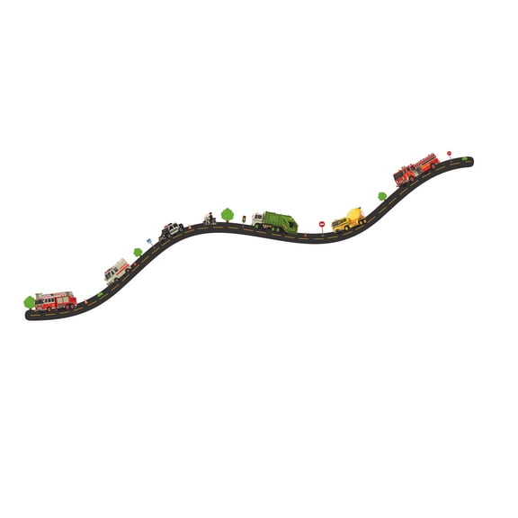 Kids Bedroom Living Room Vehicles Concrete Mixer Firetruck Ambulance Police Car Motorcycle Vinyl Decal Design - 12" x 30" Home Art Uphill Road Traffic Lights Signs Trees Wall Decoration Sticker