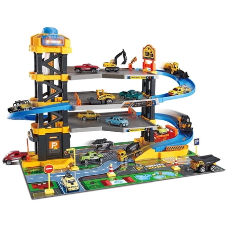 Mostop Parking Garage Playset, Race Car Ramp Track Toy with Play Map and 6 Mini Car, 4 Levels, Engineering Adventure Track Parking Lots, for Ages 3 and up