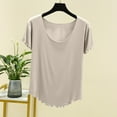 thumbnail image 2 of Olyvenn Fashion Summer Casual Lace Short Sleeve Blouse for Women Modal Classic Fit Scoop Neck T-Shirt Solid Color Slim Basic Tees Tops Beige 12, 2 of 7