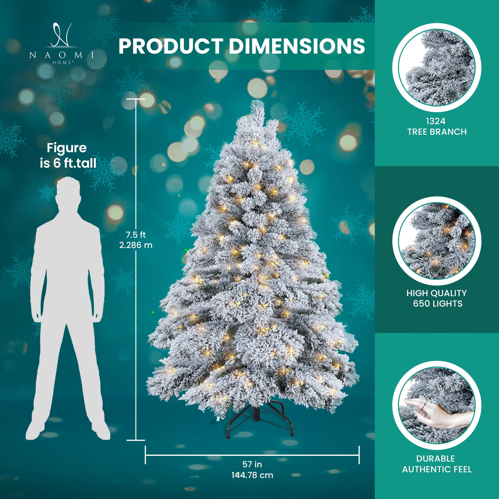 Brittany Snow Flocked Christmas Tree Prelit with 892 Branch Tips