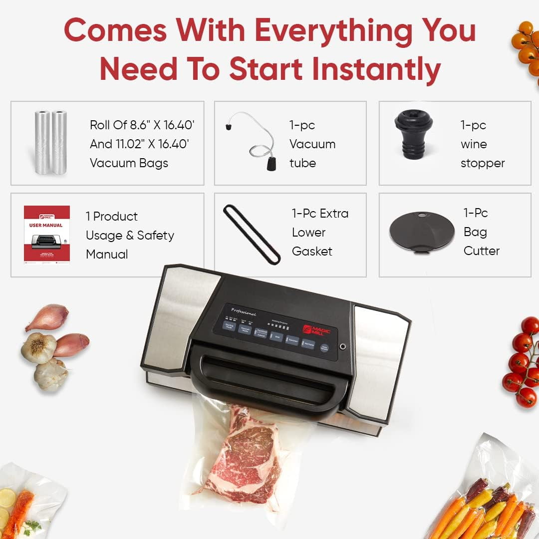 Magic Mill Professional Vacuum Sealer, Bag Sealer with Complete Starter Kit, Multi-Mode Food Preservation and Easy Lock Handle Vacuum Sealer Machine
