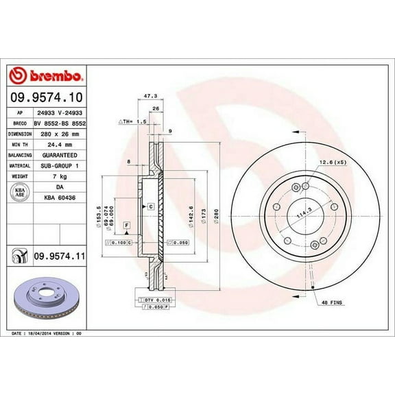 Brembo 09.9574.11 BRAKE ROTORS Fits select: 2006 HYUNDAI TUCSON GLS/LIMITED, 2007-2008 KIA SPORTAGE EX/LX