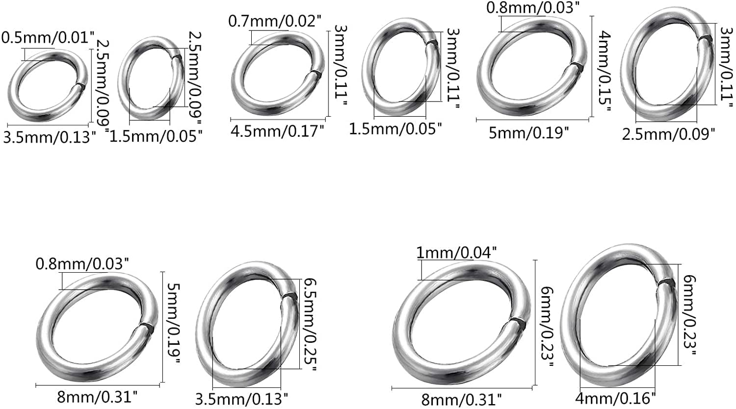 DADIFEN 304 Stainless Steel Jump Rings for Jewelry Making Supplies Open Jump Rings 4/5/6/7/8/10mm Silver O Rings for DIY Making