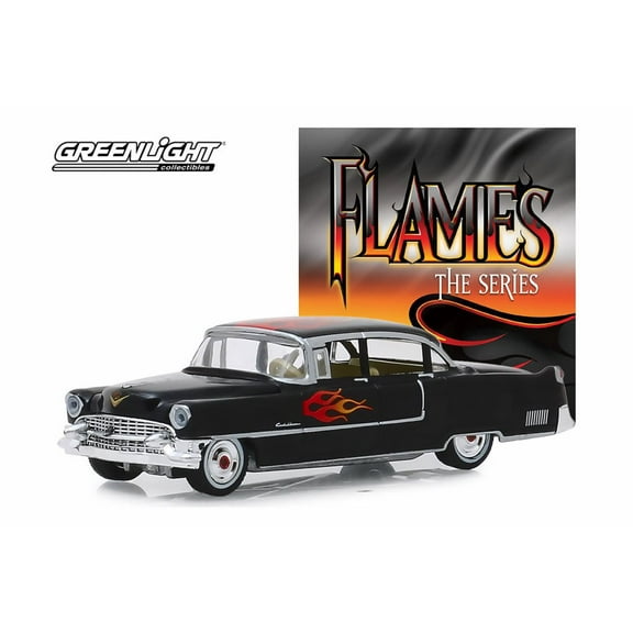 1955 Cadillac Fleetwood Series 60 Special, Black with Flames - Greenlight 30105/48 - 1/64 scale Diecast Model Toy Car