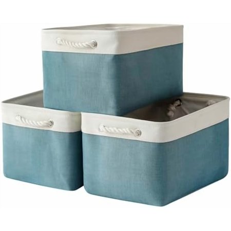 Organization and Storage basket for Organizing - 3 Pack 16x12x12 inch Cube Storage Bin for Shelves Fabric Storage Cubes for Organizer Cloth Closet Toy Box (White & Green)