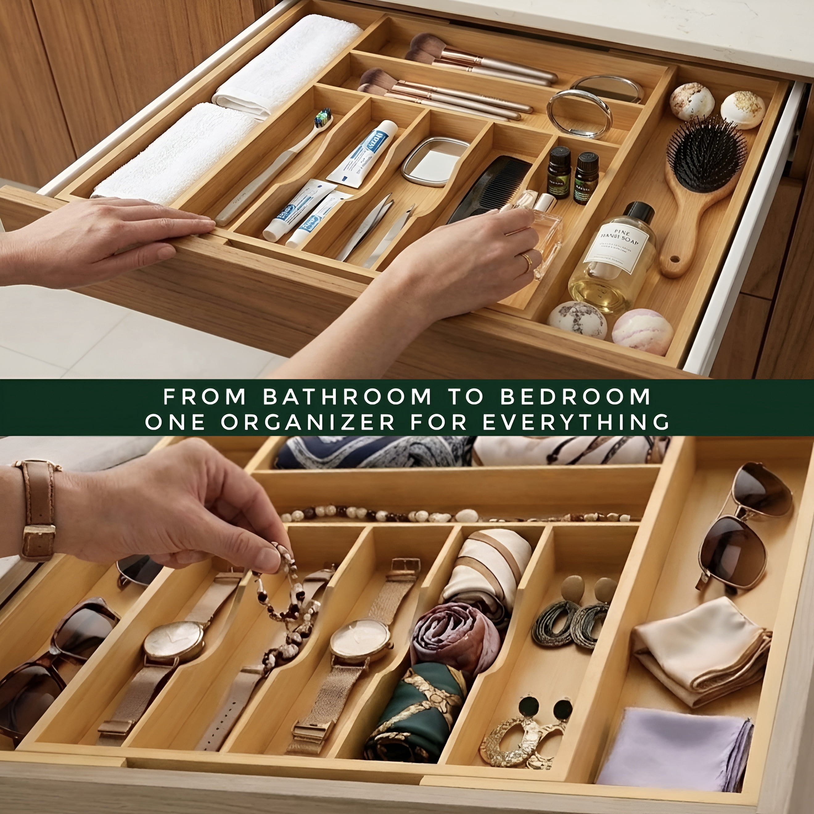 Forestroot Bamboo Drawer Organizer – Expandable 9 Slot Silverware & Utensil Tray for Kitchen, Office & Kitchen –Fits 13”–19.6” Drawers, Natural Bamboo Wood, Deep Compartments - Durable & Eco-Friendly