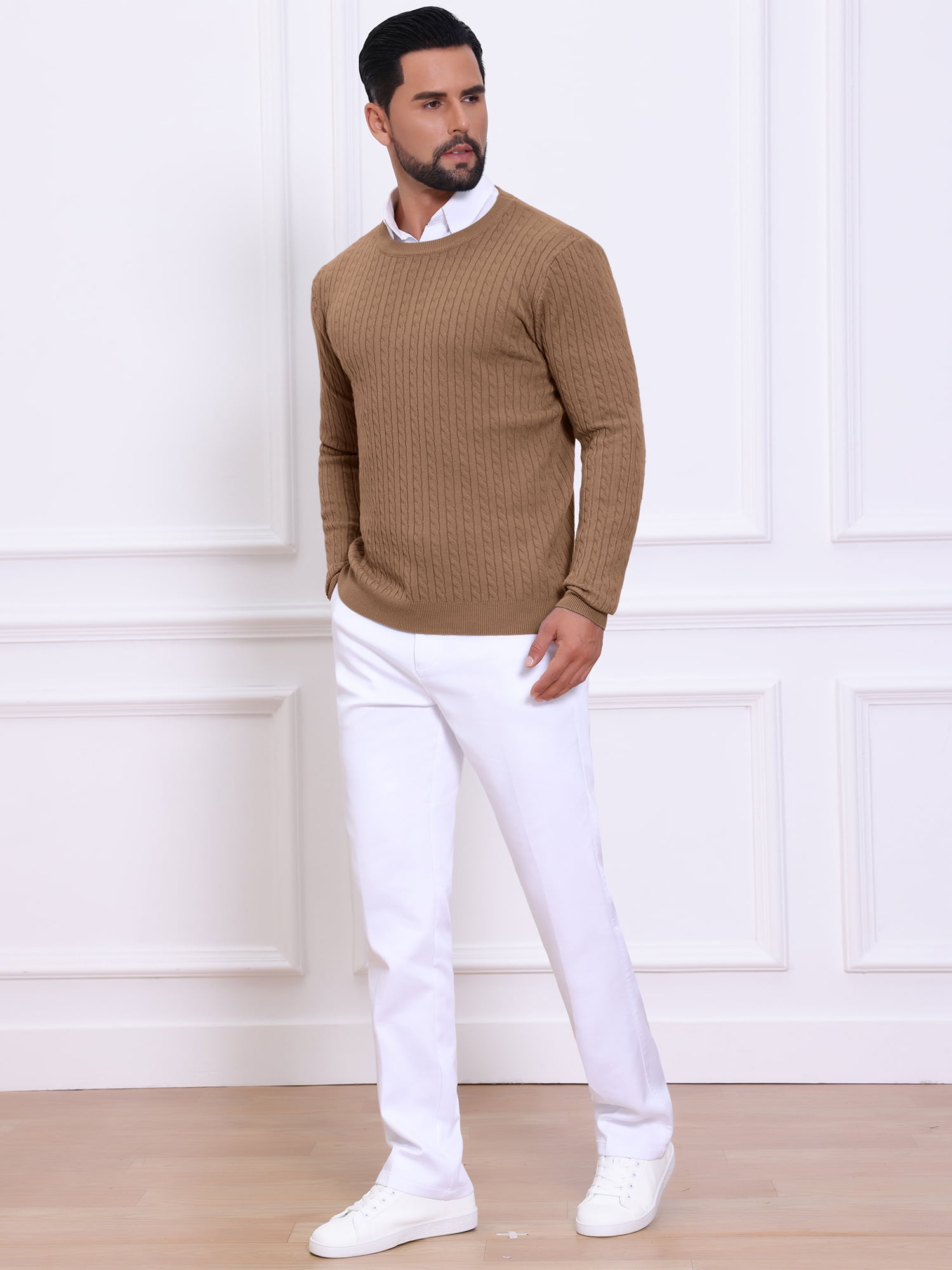 DARING DIVA Men's Crew Neck Long Sleeve Soft Cable Knit Pullover Sweater M Brown