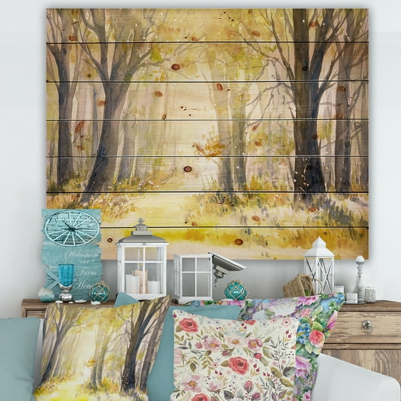 Designart 'Bright Sunshine Through The Yellow Forest Trees I' Traditional Print on Natural Pine Wood