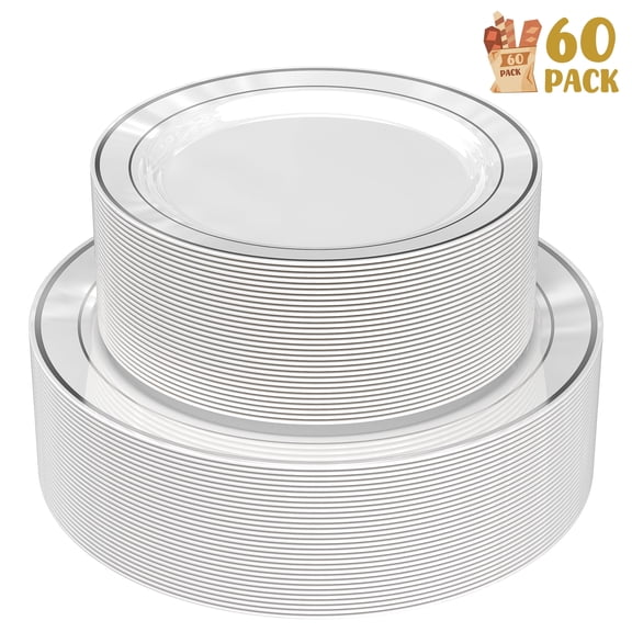 GPED 60 Pack Gold Plastic Plates, Heavy Duty Disposable Party Plates with 30 10.25" Dinner Plates and 30 7.5" Dessert Plates, Disposable Plates for New Year Party/Wedding/Thanksgiving/Birthday,Silver