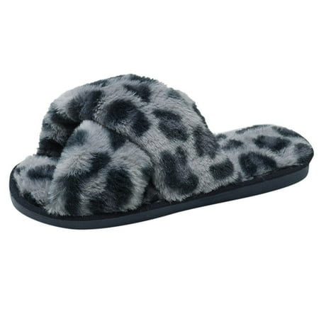 

HIBRO Women Warm Leopard Plush Soft Slippers Indoors Anti-slip Floor Bedroom Shoes