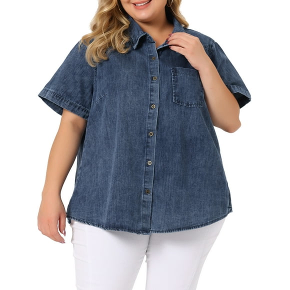 Camisas de botón de manga corta de mezclilla para mujer de tallas grandes Agnes Orinda 2X azul mezclilla