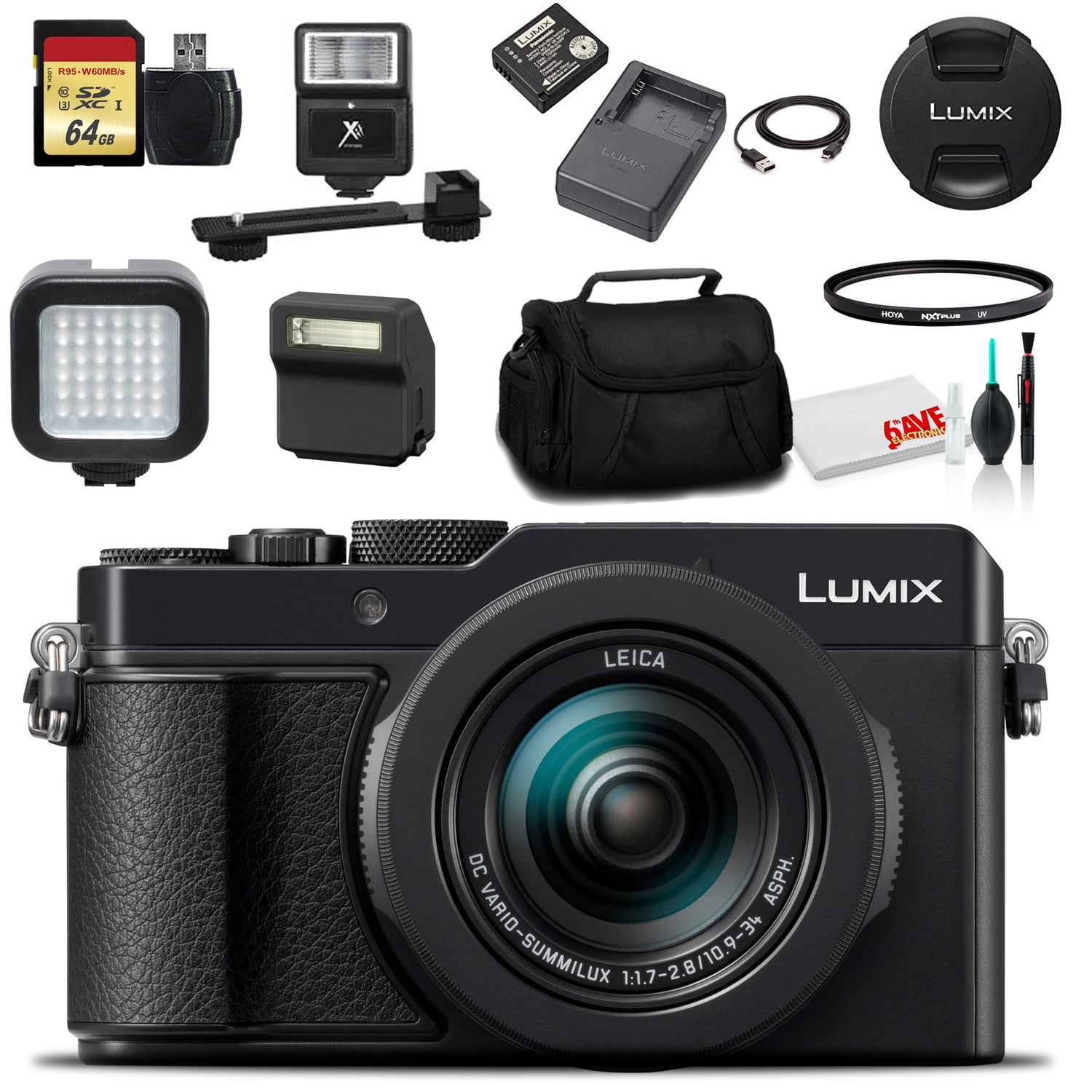 Panasonic Lumix DC-LX100 II Digital Camera (DC-LX100M2) - Bundle With 64GB Memory Card + LED Light + Digital + Soft Bag + 12 Inch Flexible Tripod + Cleaning Set 43mm UV Filter More - Walmart.com