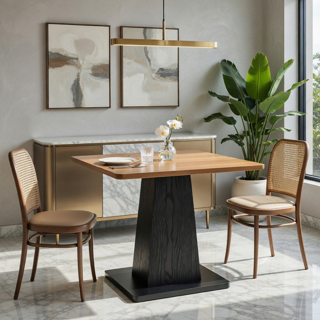 Hommoo 31.5 Inch Square Farmhouse Dining Table for 4, Rustic Wood-Grain Top with Pedestal Base, Space-Saving Kitchen & Breakfast Nook Table, Black