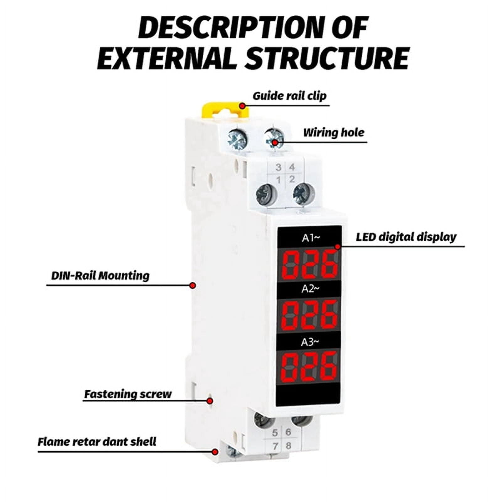 2X Din Rail Mount 3 Phase Ampere Meter Mini Modular Current Meter Gauge Indicator LED Digital Display Detector Ammeter