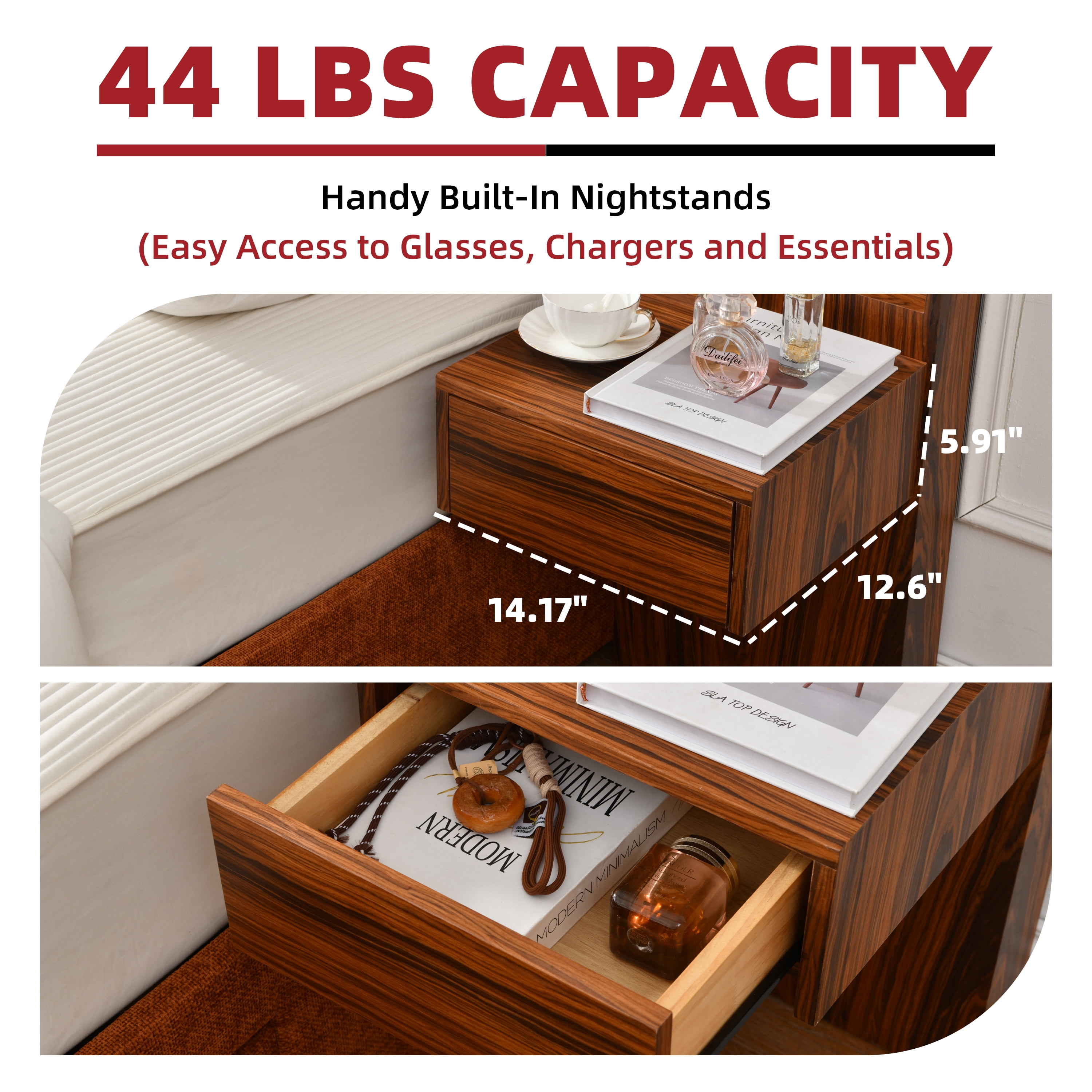Queen Size Bed Frame with Storage Drawers & Built-in Nightstands, Wood Bed Frame with Linen Upholstered Headboard, No Box Spring Needed, Ocher