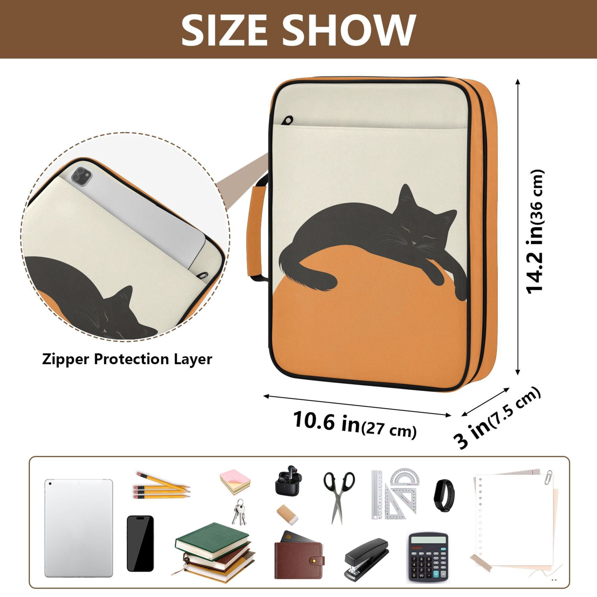 FORMRS Accordion File Folder A4 Size 7-Pocket Expanding Document Organizer Bag with 3 Ring Binder, Sleeping Black Cat