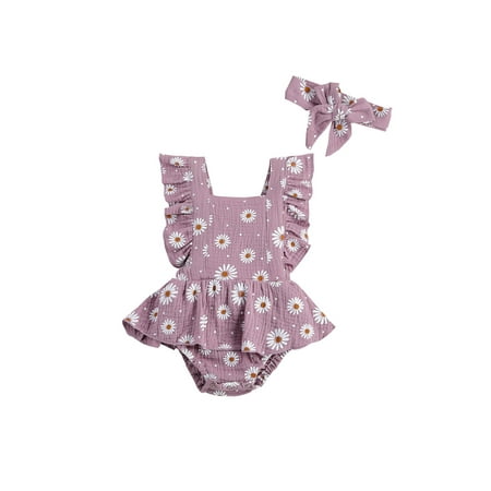 

Binpure Toddler Girls Romper Floral Top No Sleeve Pleated Crotch Buttons Summer Skirt Flouncing Bowknot Headband