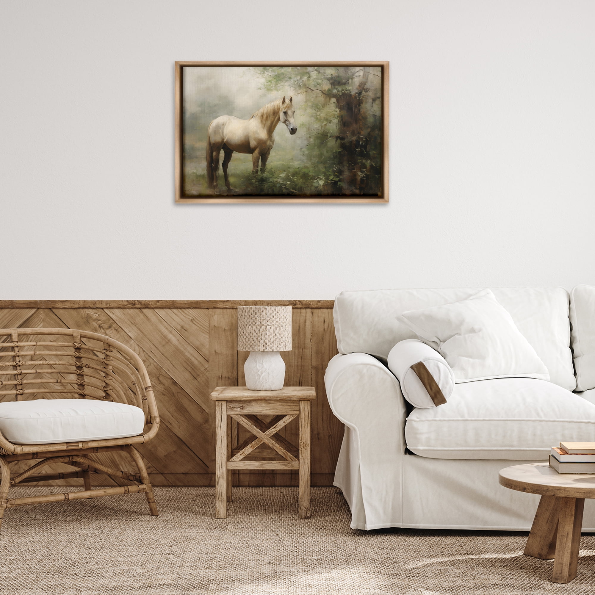 Stupell Industries Horse in Forest Woods Landscape Painting Brown Floater Framed Canvas Art Print Wall Art, 31 x 21