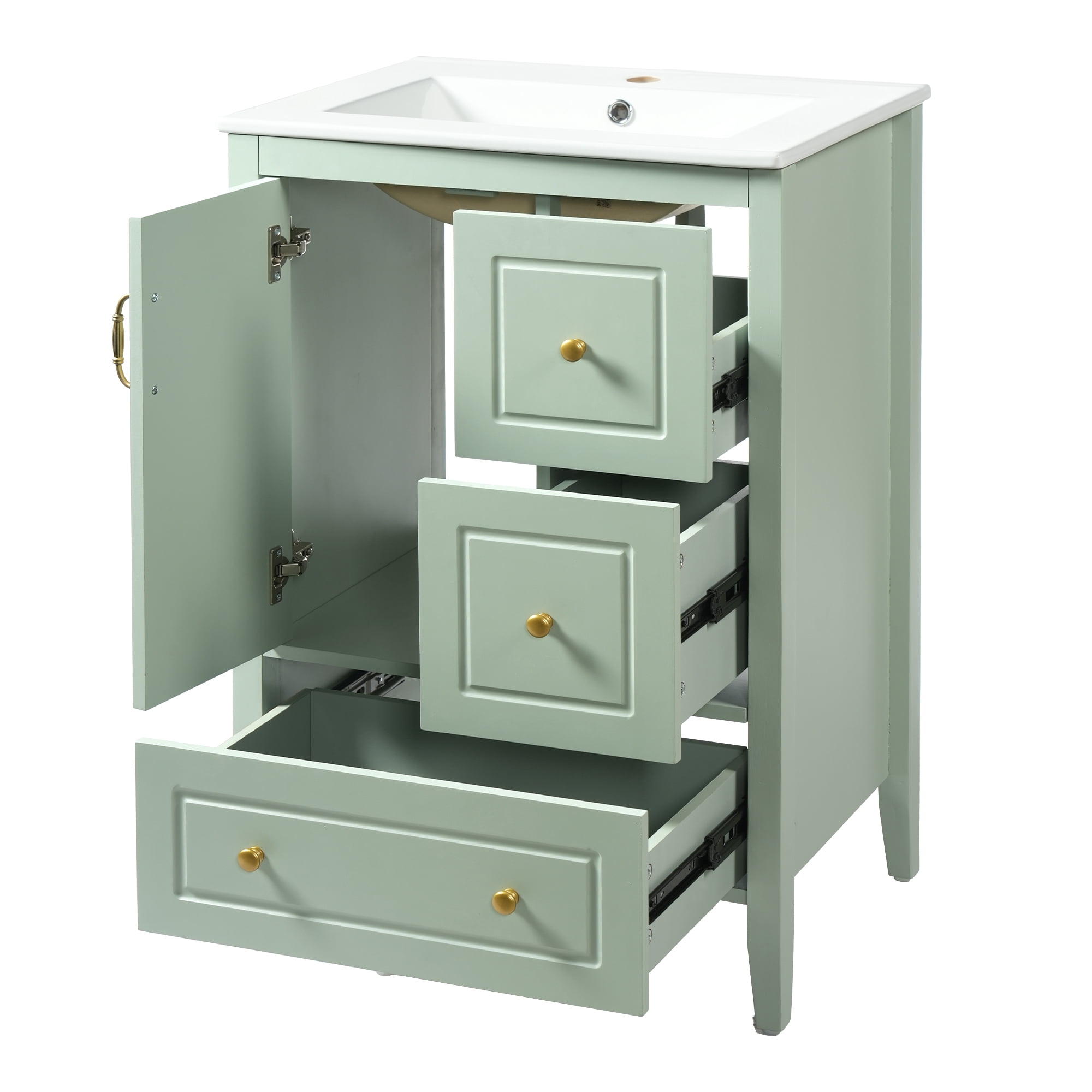 Harper & Bright Designs 24" Retro Bathroom Vanity with Sink, Modern Sink Bathroom Vanity with Soft-closing Door & Drawers, Freestanding Bathroom Storage Cabinet with Ceramic Basin, Light Green
