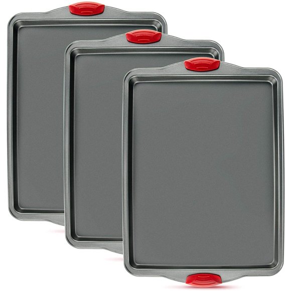 3 PCS Non-Stick Baking Sheet Pan Non-Toxic and Rimmed Carbon Steel Baking Sheet. Dent, Warp and Rust Resistant. Heavy Gauge Steel Oven Baking Sheet. 3 Trays.