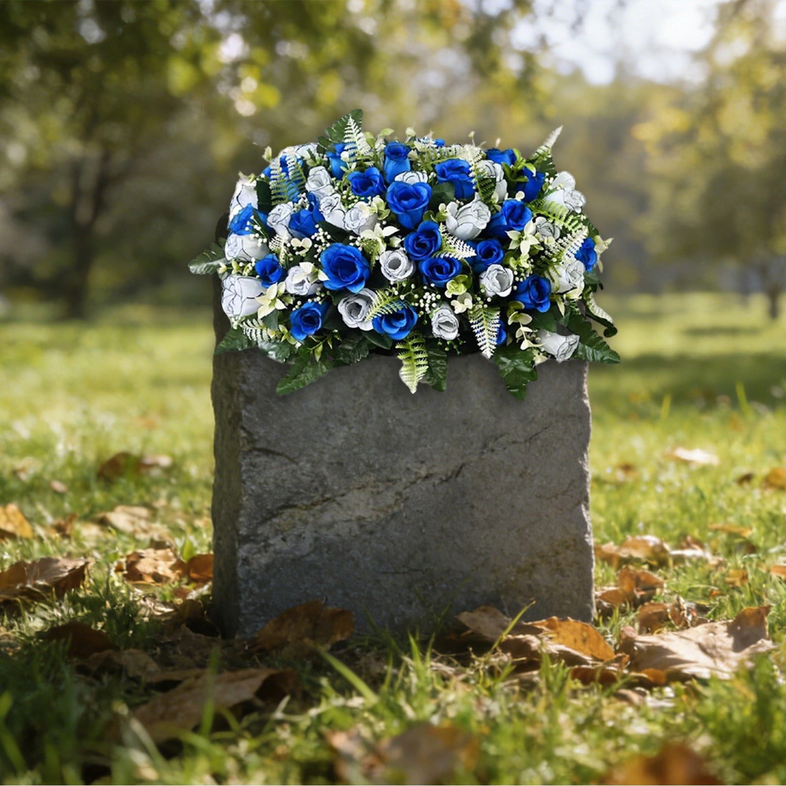 Artificial Rose Hydrangea Cemetery Flowers with Stable Foam Base, Realistic Silk Memorial Bouquet for Grave Decor, Fake Floral Arrangement for Headstone, Tribute Flowers for Outdoor Gravesite