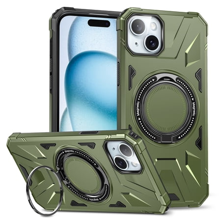 Upgrade Case for iPhone 15 Plus Case with Stand,2 Stand Way [360° Rotatable Invisible] Ring Stand for Magnetic Car Mount,[Compatible with MagSafe],Shockproof Heavy Duty for iPhone 15 Plus,Darkgreen