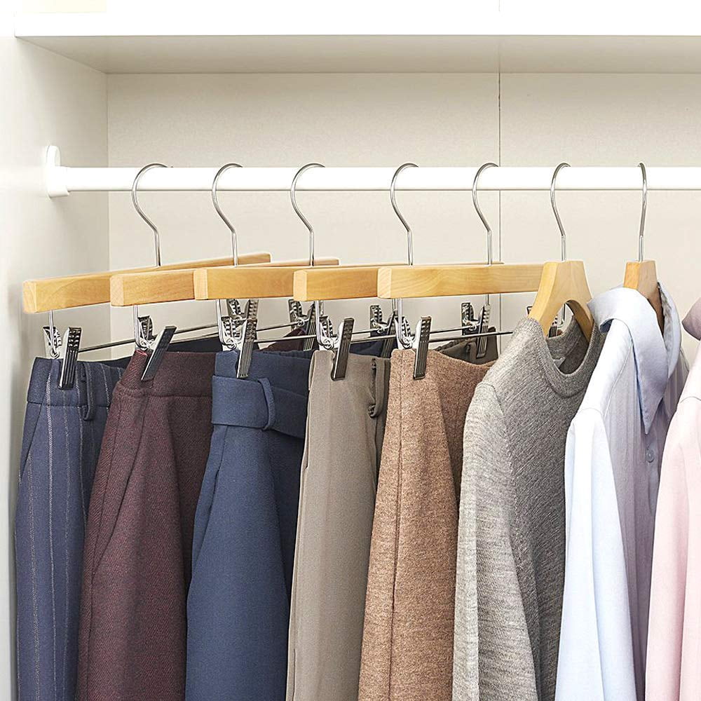 ACSTEP Wooden Pants Hangers with Clips 25 Pack 14 Inch, Wood Skirt Hangers for Women, Solid Wood Pants Hangers with 360 Swivel Hook - Natural