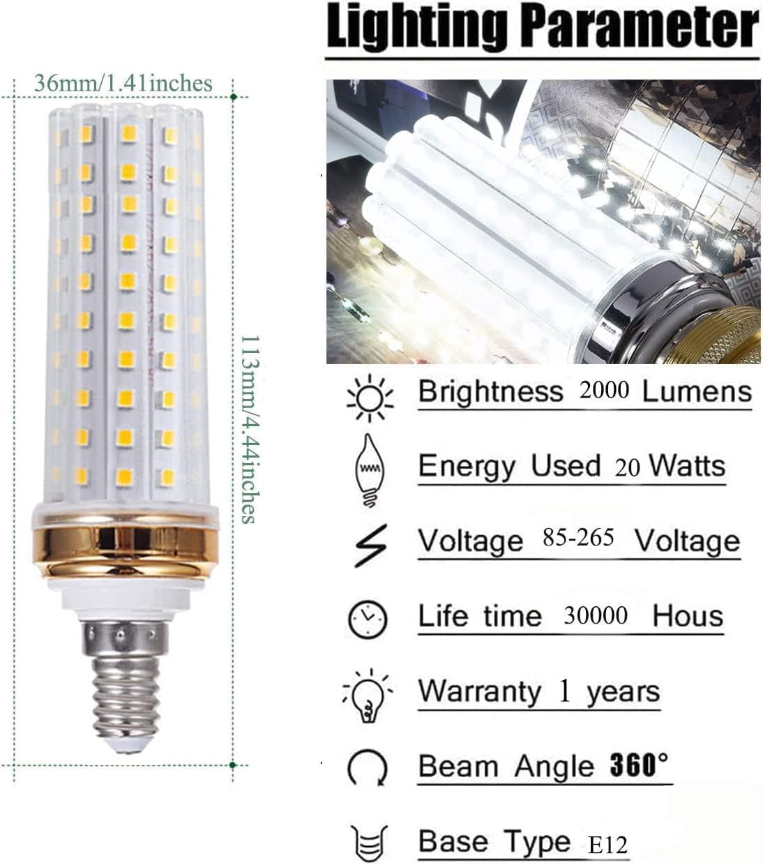 ABCISI E12 LED Light Bulbs,20W Candelabra LED Bulbs 180 Watt Equivalent - 88 LEDs 2835 SMD 1800lm 6000K Daylight White Decorative Candle Base E12 LED Chandelier Bulbs,AC85-265V, 4 Pack,