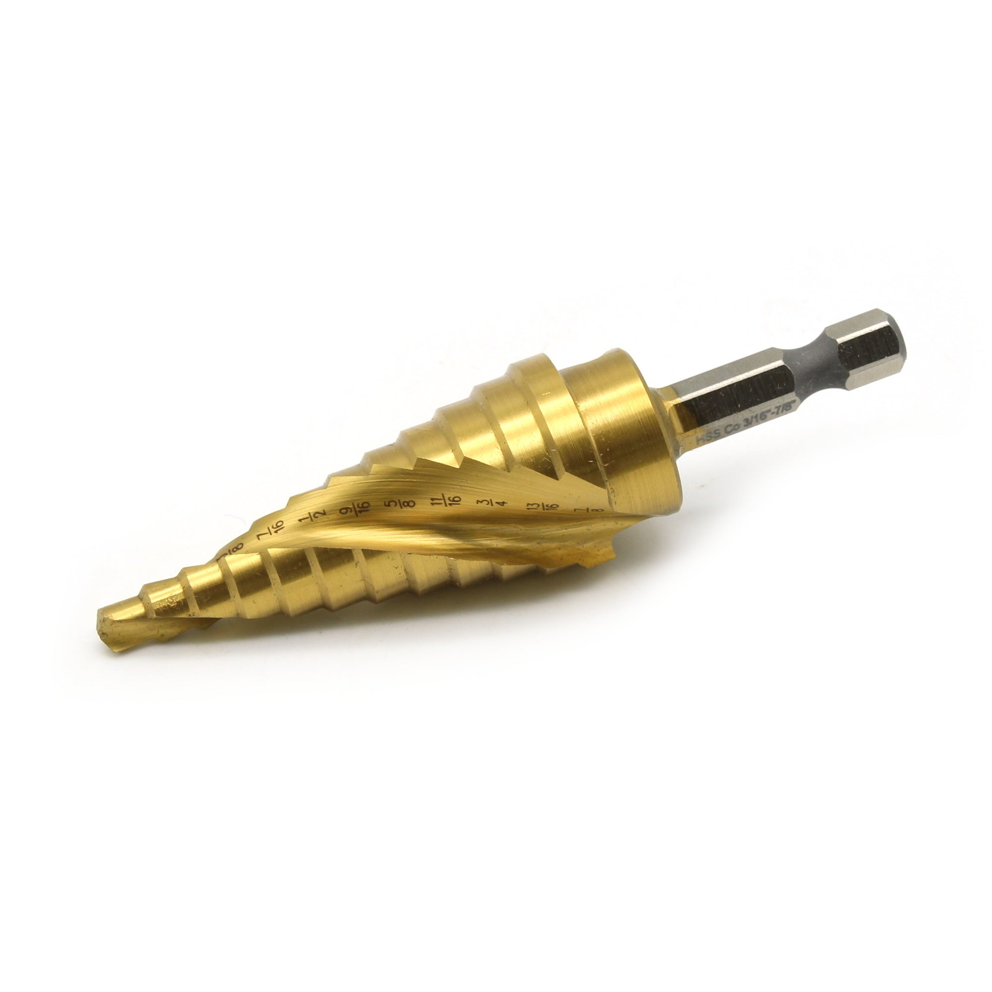 TEMO M35 Cobalt Spiral Flute Step Drill Unibit with Titanium Coating, 12 Sizes 3/16 Inch (4.8 mm) to 7/8 Inch (22.2 mm), 1/4 Inch Hex Shank
