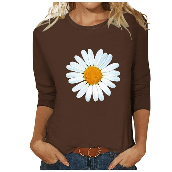 Bjutir Women T-Shirts Tees Casual Loose 3/4 Sleeve Daisy Print T Shirt Brown L