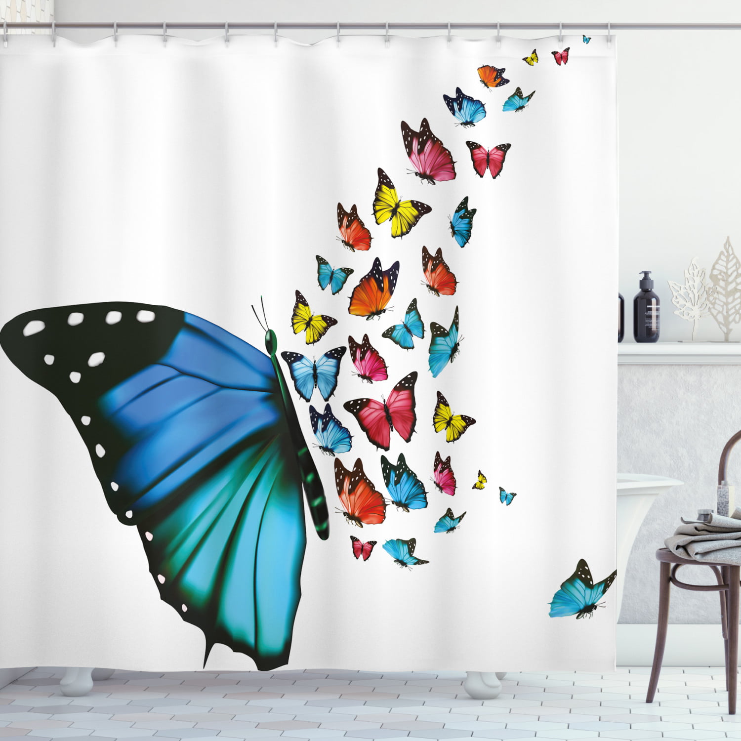 Waterproof Green Forest Colorful Butterfly Shower Curtain Liner Bathroom Hooks 
