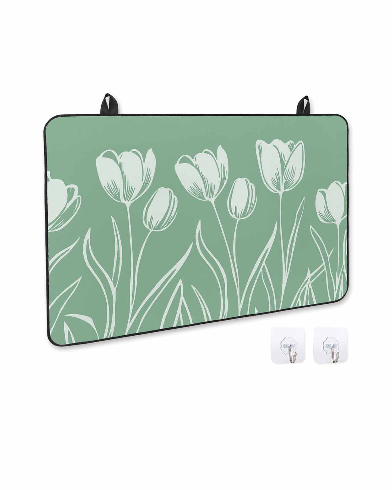 nqOlkjepod Large Induction Cooktop Protector Mat 36"x21", White Tulips Stove Top Covers for Electric Stove, Spring Floral Summer Botanical Green Stove Burner Cover Mats, Glass Top Stove Cover