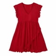 thumbnail image 4 of ClodeEU Women's V Neck Ruffle Short Sleeve Mini Dress, Casual Flowy A Line Beach Sundress Wine,Women's Plus L, 4 of 6