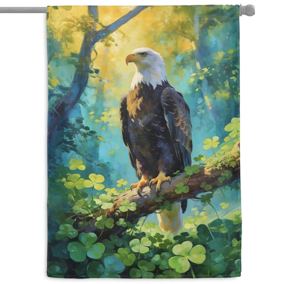 Happy Bald Eagle Welcome St Patrick's Day Lucky Shamrocks Clover House Flag 28x40in Double Sided American Eagle Lover Outdoor Decor - 22001