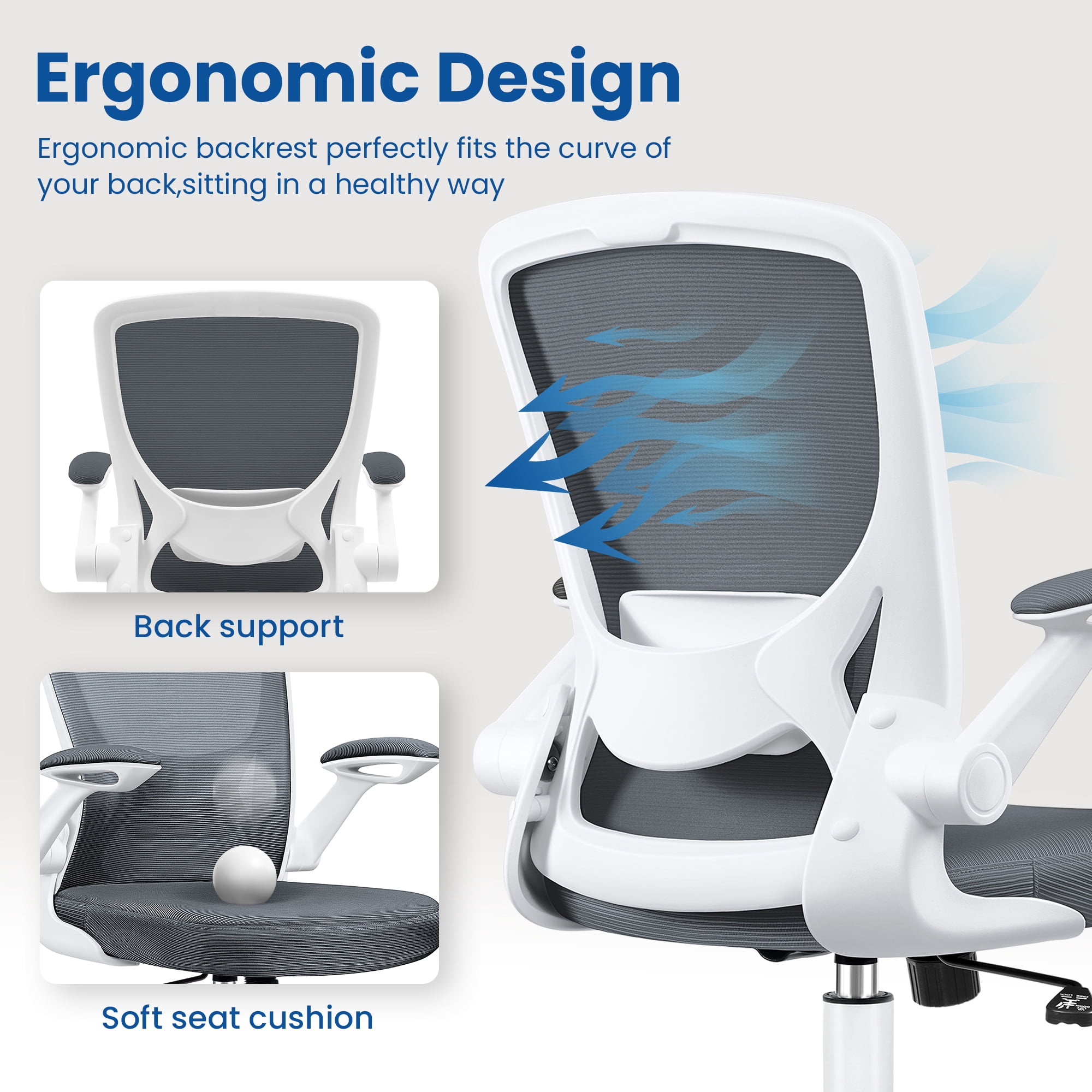 COOLHUT Office Chair, Ergonomic Office Chair, Comfort Home Office Task Chair, Lumbar Support Computer Chair with Flip-up Arms and Adjustable Height, 350LBS, Dark Gray