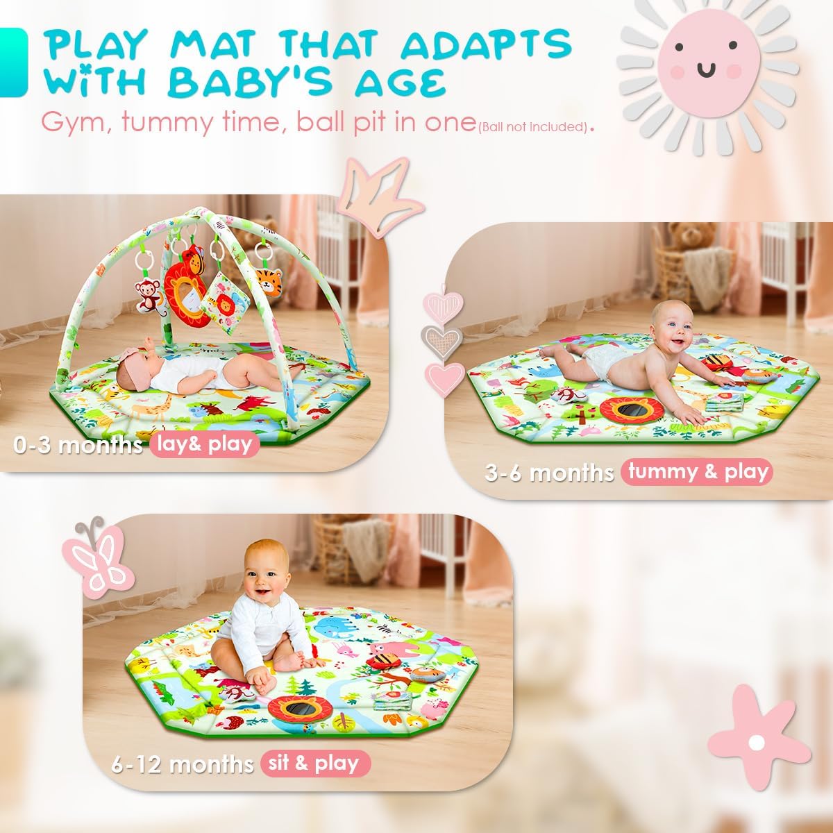 Baby Activity Gym & Play Mat with 6 Detachable Toys-Activity Gym for Visual, Auditory & Motor Development-Washable Baby Activity Mat for 0-12 Month Infants(Animal Theme)