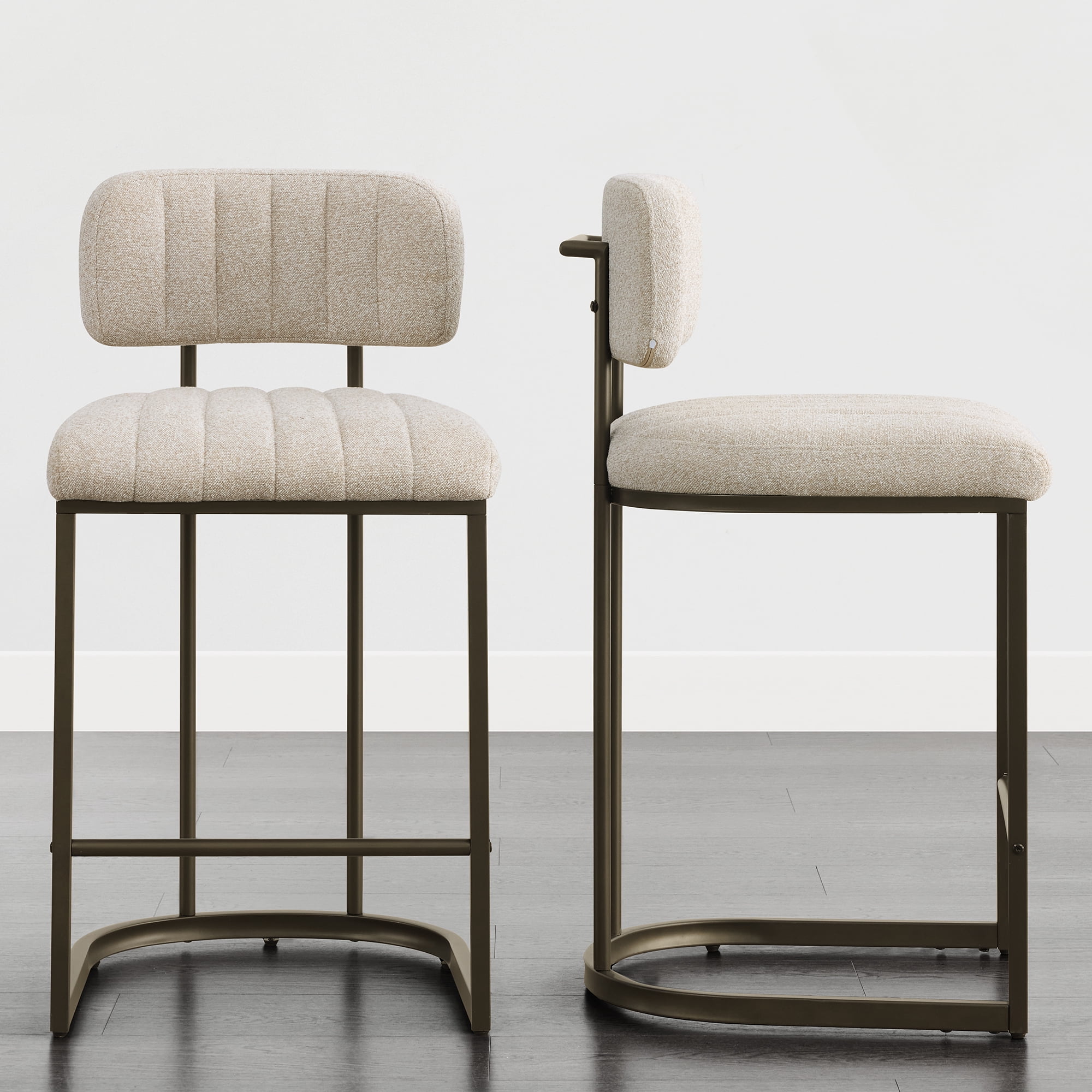 Spruce & Spring 26" Counter Height Bar Stools Set of 2 with Curved Back & Channel Tufting, Metal Frame for Kitchen Island & Home Bar, Upholstered Sand Fabric