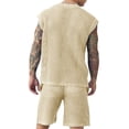 thumbnail image 5 of Ceisia Men Mesh Knit Sleeveless V Neck Tank Top Matching Shorts Set Solid Slim Fit Two Piece Casual Daily Outfit Suit Khaki M Gift, 5 of 5