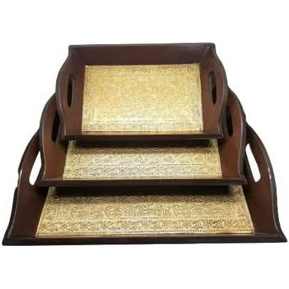 India Meets India Handmade Wooden Serving Tray w/ Pure Original Brass [Brown], Kitchen/Table & Home Decor/Dinning/Gifts/Restaurants/Living Room/Coffee Table, Set of 3